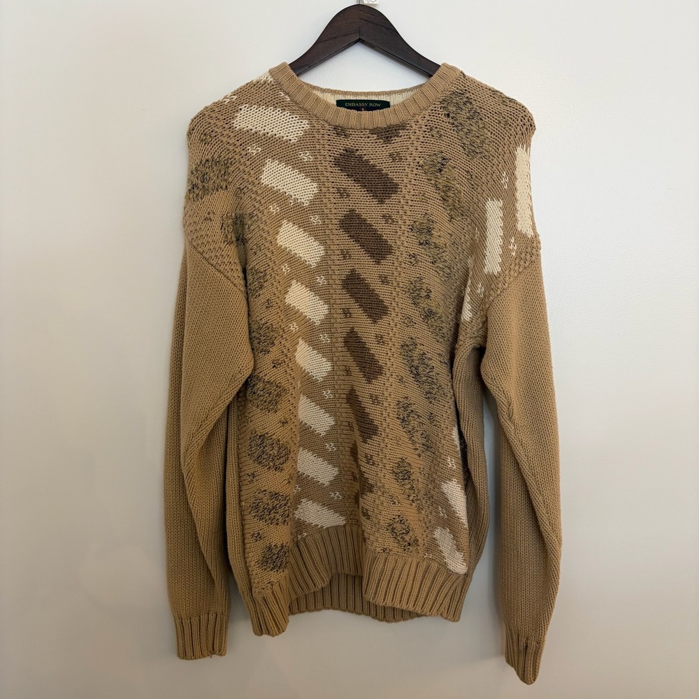 Embassy Row Vintage Tan Geometric Intarsia Knit Cotton Blend Sweater Womens M